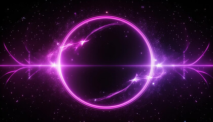 Obraz premium Abstract neon energy sphere of particles and waves of magical glowing on a dark background, circle and loop frames with magic purple and pink flame and sparks