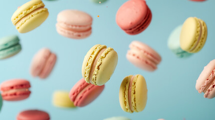 Obraz premium delightful, Colorful macarons floating against a light blue background--what a sweet and whimsical scene