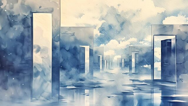 Surreal monochromatic watercolor painting of multiple open doors, symbolizing opportunity and mystery, ideal for concept art and psychological themes