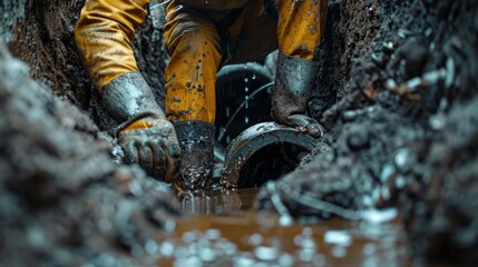 Obraz premium Professional Plumber Repairing Broken Pipe Underground