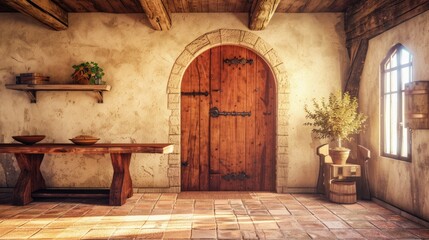 A rustic wooden door with an arched top into the house, next to the front door stands a long table made of weathered white oak with black iron fittings.
