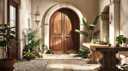 Fototapeta premium A rustic wooden door with an arched top into the house, next to the front door stands a long table made of weathered white oak with black iron fittings.