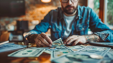 Man Organizing Money at Desk