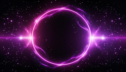 Obraz premium Abstract neon energy sphere of particles and waves of magical glowing on a dark background, circle and loop frames with magic purple and pink flame and sparks