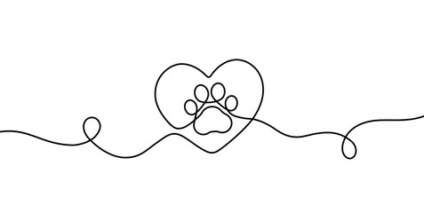 Paw prints. Hand drawn background footprint pet, dog or cat. Continuous line animal. Drawing single outline. Foot marks. Black silhouette paws. Cute print for design. Trace bg. Vector illustration © Omeris