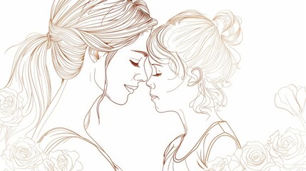 Line drawing of a mother and daughter with their foreheads touching, surrounded by roses.