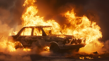 Obraz premium A car is on fire and the flames are very high