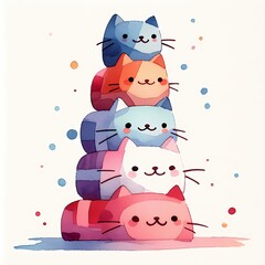 Smiling Cat Stack: Watercolor T-Shirt Design