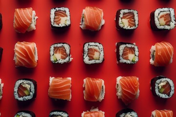 Top view of sushi pieces. Dark red background. Symmetrical pattern