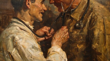 Vintage oil painting of a doctor examining a patient with a stethoscope