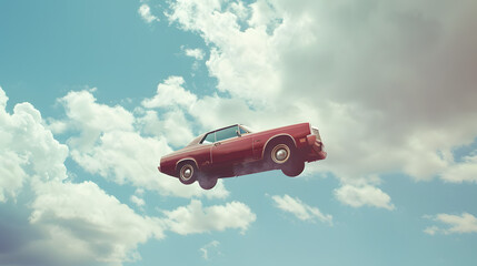 A red car is flying high in the sky