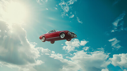 A red car is flying high in the sky