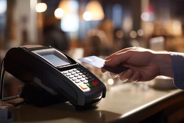 Close-up of a hand making a contactless payment with a credit card at a POS terminal in a busy restaurant.