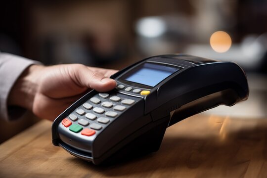 Close-up of a hand making a contactless payment with a credit card at a POS terminal in a busy restaurant.
