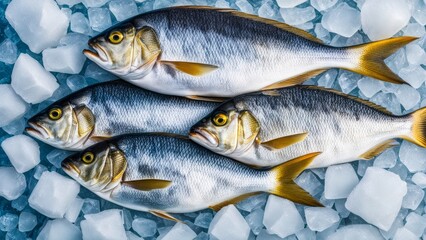 Obraz premium Fresh fish fish on display with ice cubes.