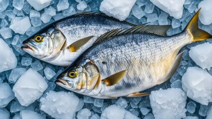 Fototapeta premium Fresh fish fish on display with ice cubes.