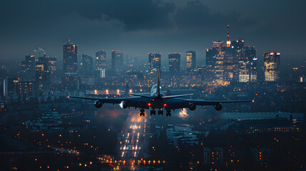 A large jet is flying over a city at night