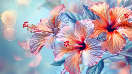 Fototapeta premium Vibrant tropical flowers in psychedelic style on pastel blue background
