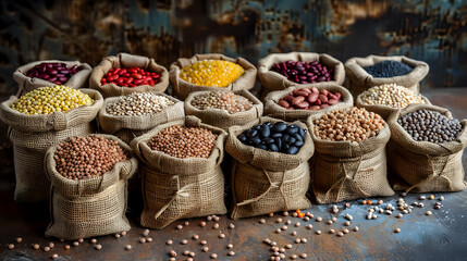 Fototapeta premium Assorted legumes in burlap sacks arranged on a rustic table. Perfect for food blogs, culinary publications, and health-oriented marketing materials.