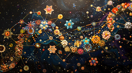 Vibrant abstract image of a cosmic flower garden with interconnected blooms and celestial patterns, perfect for fantasy art, creative design projects, and imaginative storytelling.