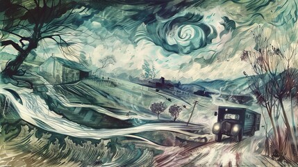 Vintage truck driving fast in a storm for a movie poster or background