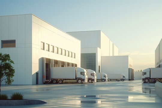 In the morning light, a modern industrial warehouse with a fleet of trucks, clean loading area, spacious storage for logistics and distribution. The facility shows efficiency and professionalism