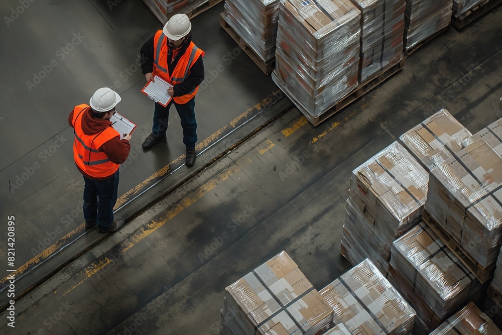 Poster Warehouse workers wearing safety vests are inventorying boxes on pallets. This industrial task involves teamwork, checking notes on clipboards, and ensuring efficient warehouse operations