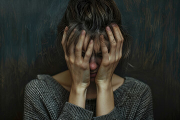 Portrait of a sad young woman in depression with her hands on her head, reflecting deep sadness and loneliness. The image captures themes of introspection and being lost in thought.