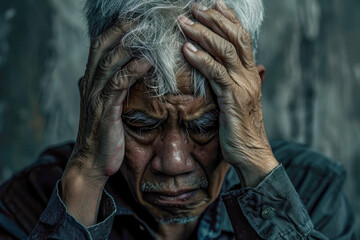 With his hands on his head, a asian elderly man sits in a room, looking deeply depressed and lonely. The image illustrates themes of sadness, depression, and introspective thought.