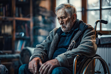 An elderly, sad, and tired man in a wheelchair sits alone in a room . The image captures a sense of depression and loneliness. - Powered by Adobe