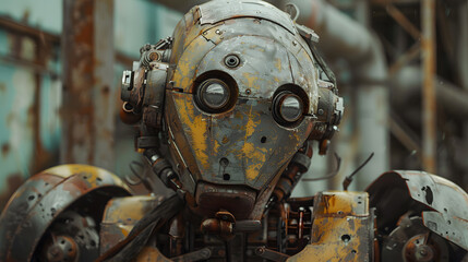 A robot is sitting in a room with a lot of machinery