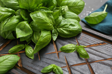Board with fresh green basil leaves on black background, closeup