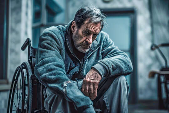 In a room an elderly man sits alone in a wheelchair, appearing sad and tired. The scene evokes a feeling of depression and loneliness.