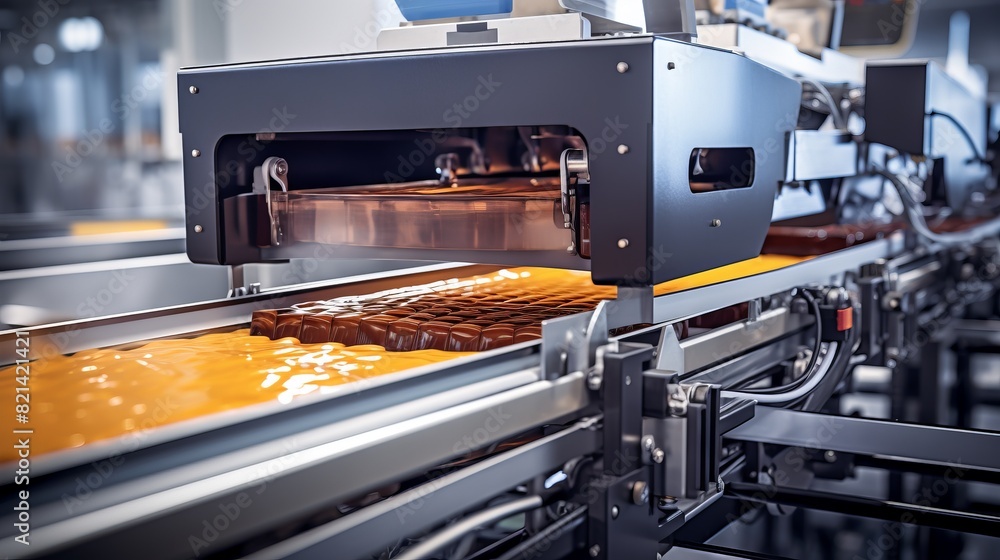 Poster close-up view of a modern food processing conveyor belt in a factory setting, showcasing efficient, 