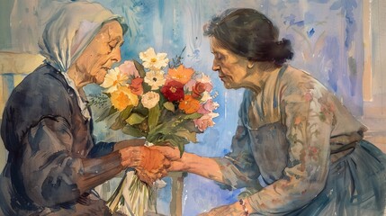 Vintage watercolor painting of two women exchanging flowers, suitable for greeting cards or romantic designs