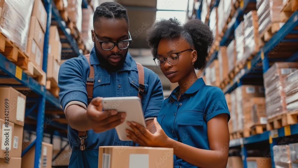 Aufkleber Warehouse workers are using digital tablets to effectively manage inventory, improving efficiency and productivity. This modern technology enhances teamwork and collaboration in the industry