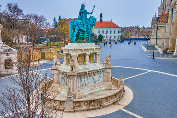 Fisherman's Bastion with Matthias Church and Equestrian statue of St Stephen, Budapest, Hungary