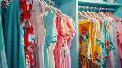 Colorful dresses and shirts hanging on a blue wall in a fashionable womens closet. Generative AI