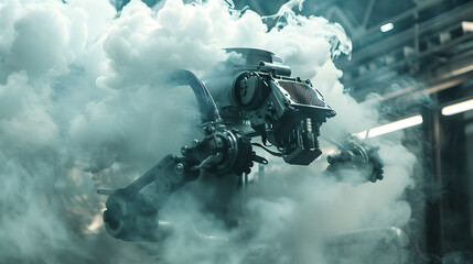 A robot is surrounded by a cloud of smoke