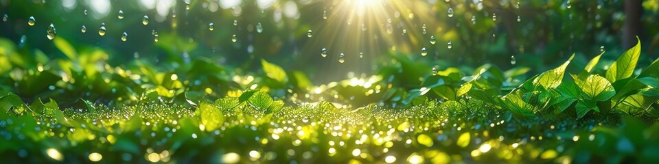 This abstract background captures the enchanting essence of a summer morning in the forest, with sun rays glistening on the dew-kissed greenery.