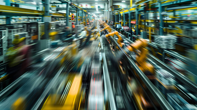 A blurry image of a factory floor with many workers and machines