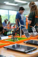 Fototapeta premium students working on a model of wind turbines and alternative energy sources
