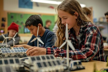 students working on a model of wind turbines and alternative energy sources