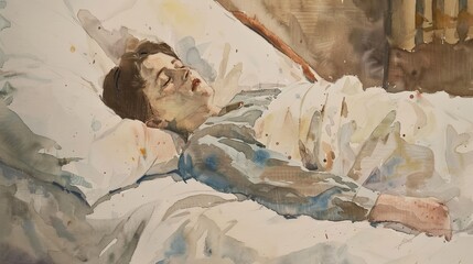 Watercolor painting of a patient in a hospital bed for medical or healthcare themed designs