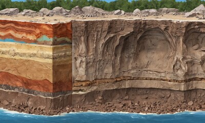 cross-section of the earth's soil, showing layers of rock, soil, and water.