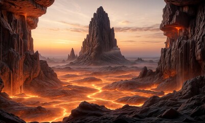 rocky, mountainous landscape with glowing orange lava rivers between the rocks.