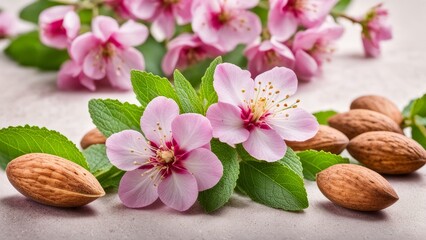 Almond blossoms, almond nuts nearby, a bouquet of mint in the background.
