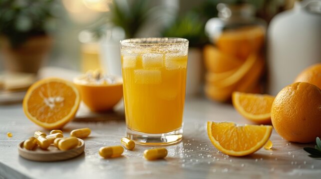 boost your immunity with a refreshing glass of orange juice and a vitamin d pill stay healthy