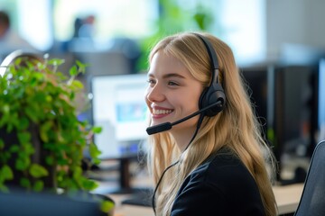 In a modern office, a customer support rep offers friendly service in a professional environment with computers and greenery, promoting positive work interactions and a pleasant atmosphere