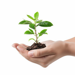 Photo of human hands holding a small plant with a white background